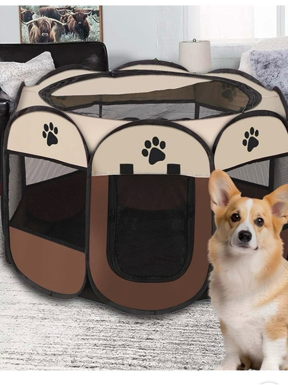 Portable Beige and Brown Dog Playpen - Foldable Pet Enclosure